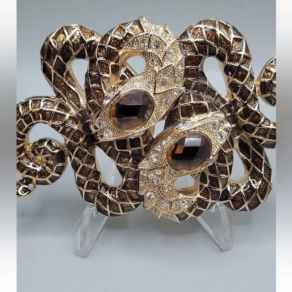 Vintage Extra Large Brown Enamel Double Snake Brooch Pin Pendant Crystals